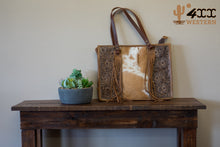 Load image into Gallery viewer, Cowhide and Tooled Leather Tote
