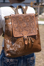 Load image into Gallery viewer, Cowhide and Tooled Leather Backpack
